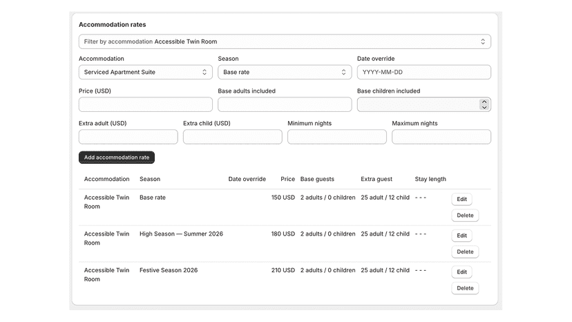 Set seasonal rates and rate plans for each room