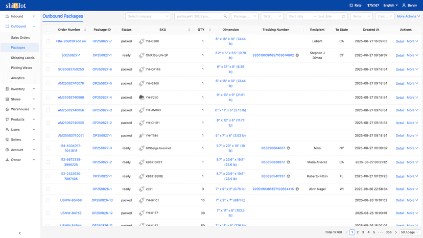 outbound package list page