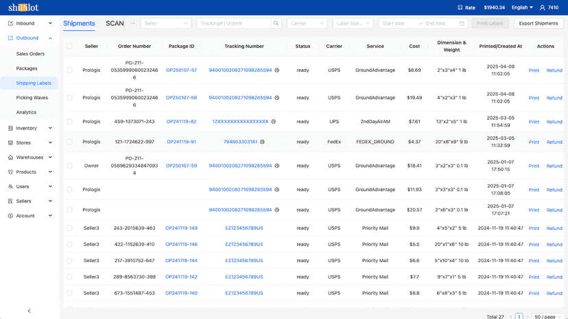 shipping label list page