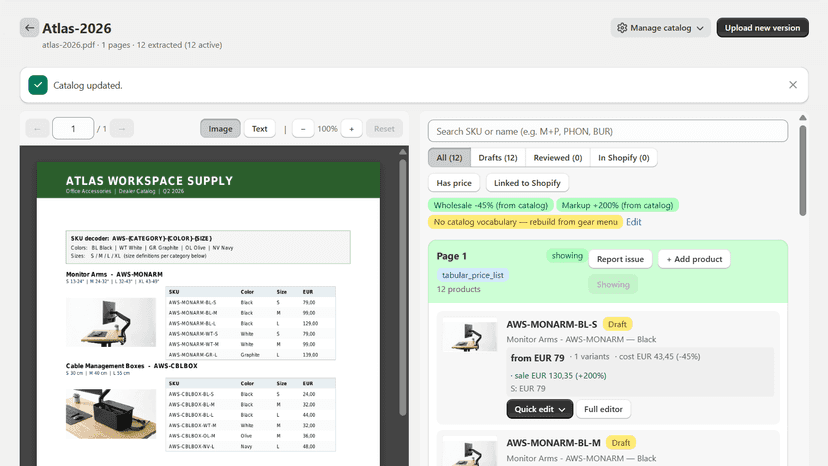 Edit any product, organized by supplier and catalog