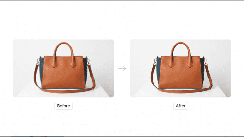 Before and after comparison of a pixelated handbag image