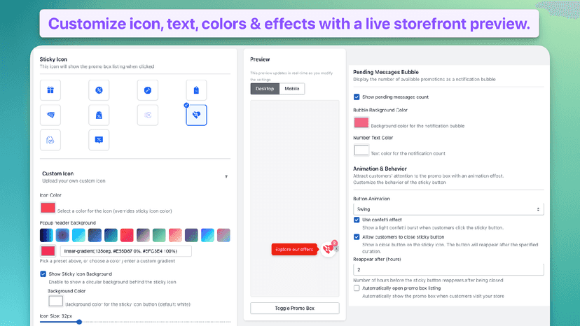 Configuration: Customize icon, text, colors & effects & preview