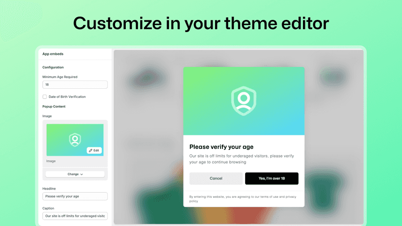 Agefence age verification popup customize in theme editor