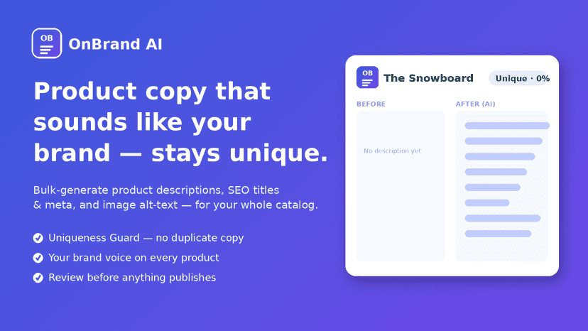 OnBrand AI generates unique, on-brand product copy and SEO