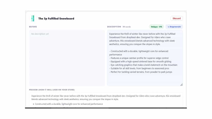 Generate descriptions, SEO & alt text with Before/After review