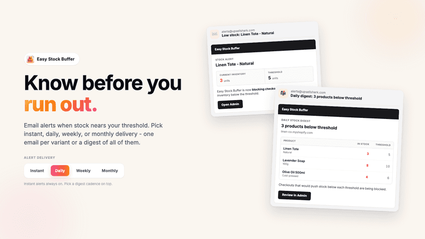 low stock alert threshold stop sell email