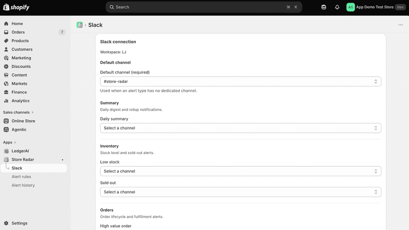 Slack settings page for default and per-alert channels