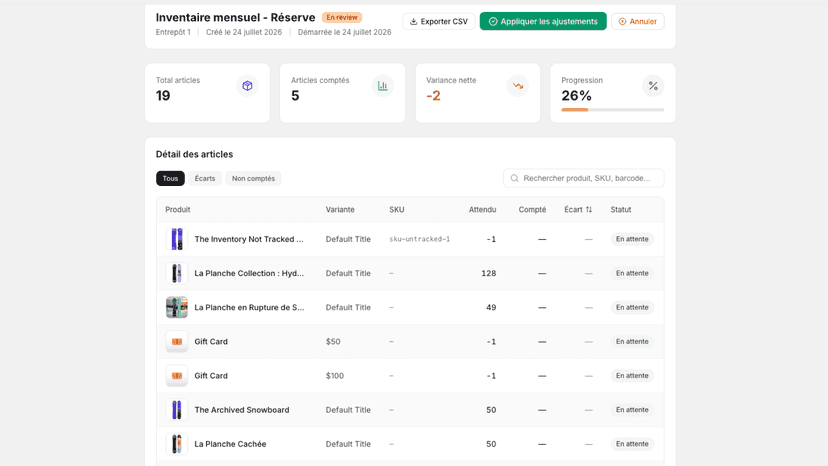 Revue : appliquer les ajustements à Shopify et exporter en CSV