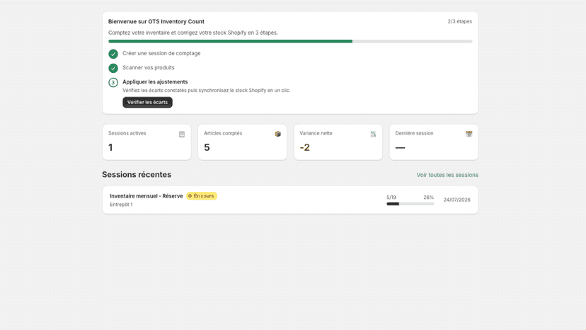 Tableau de bord : sessions de comptage et progression