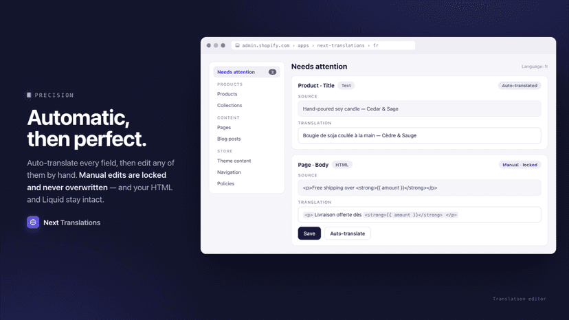 Translation editor — hand-edit any field; HTML and Liquid preser