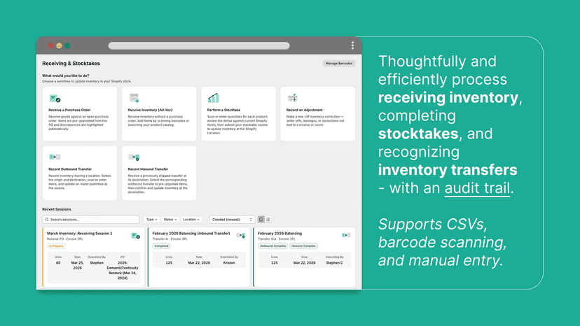 Receive inventory, execute adjustments, record stock transfers