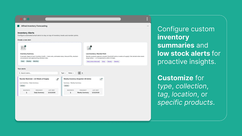 Configure custom inventory summary and low inventory alerts