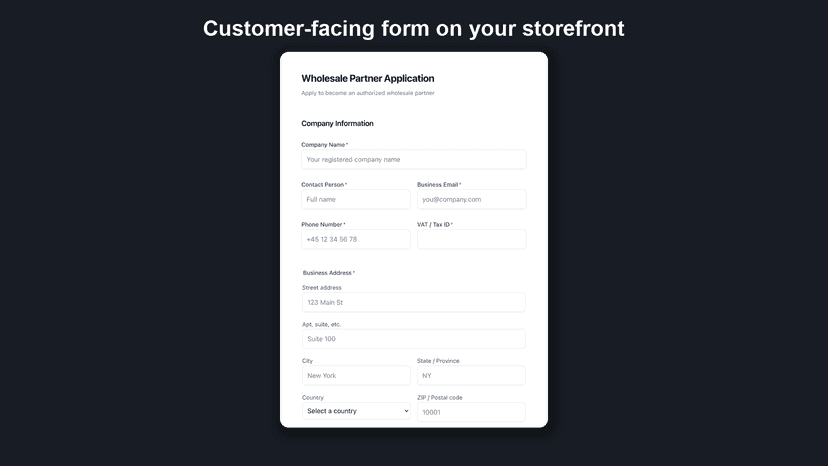 Wholesale application form on the storefront