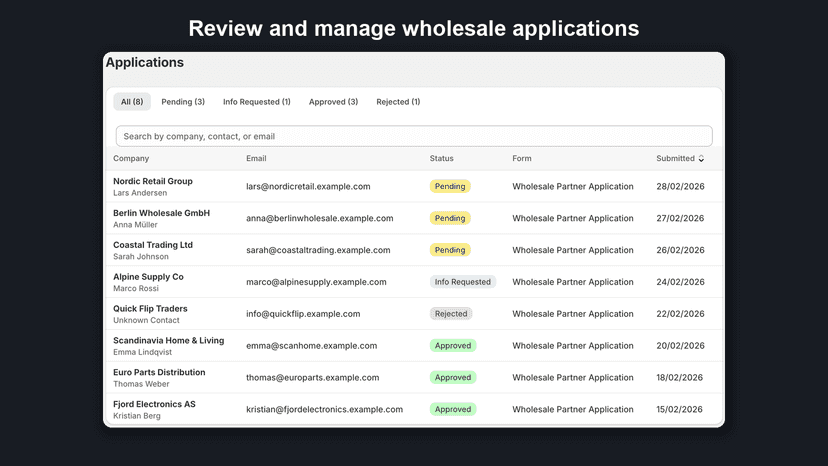 Application list with status filters and search