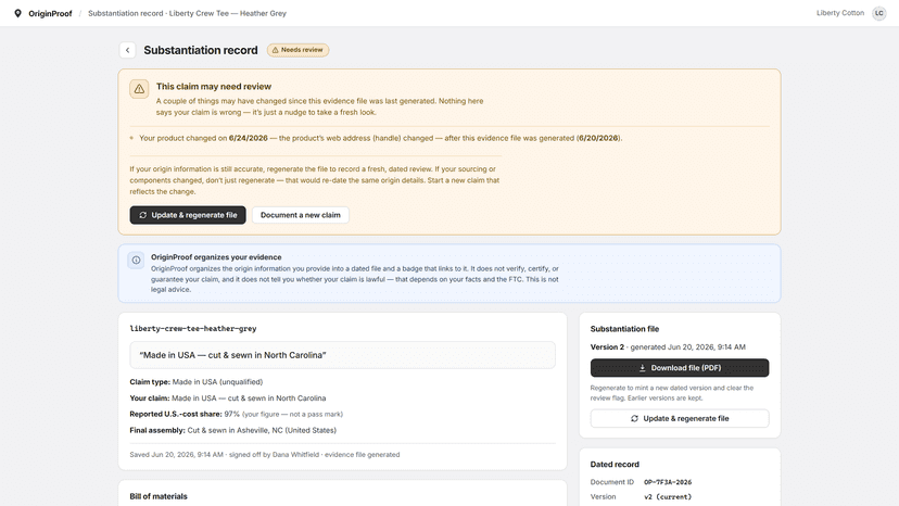 A claim flagged "Needs review" after a product change