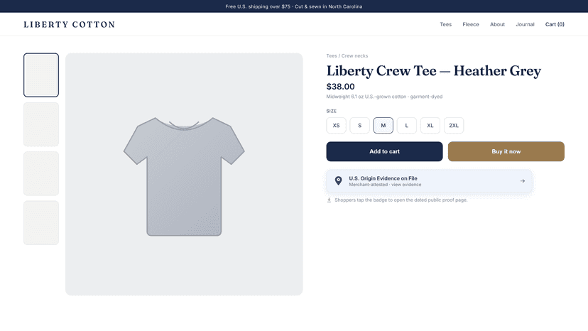 The U.S. Origin Evidence badge on a product page