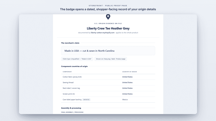 The public proof page shoppers open from the badge