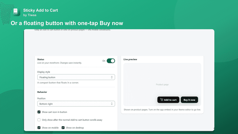 Or a floating button with one-tap Buy now