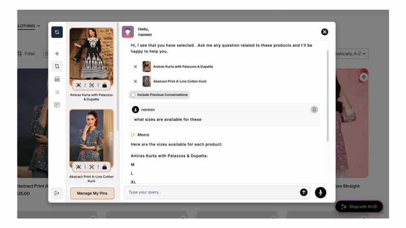 AI shows available sizes for selected outfits