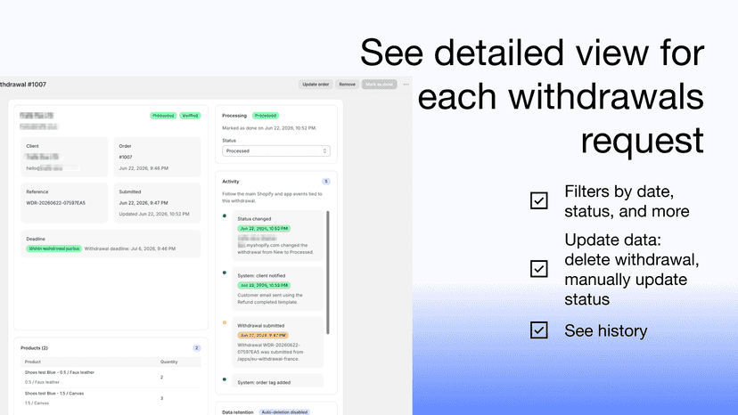 Detailed view dashboard of individual withdrawal requests