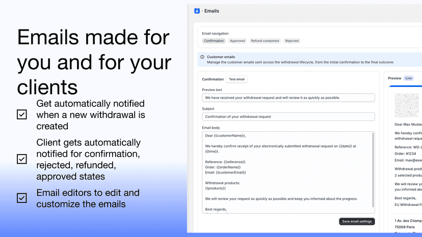 Automated email notification settings and editor interface