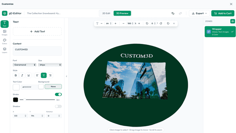 3D product customizer showing real-time text and image personali