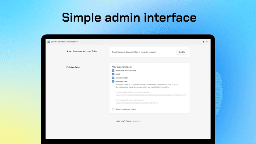 Customer Account Editor for Shopify – admin settings