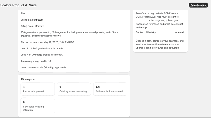Dashboard showing plan usage, ROI metrics, and generation status