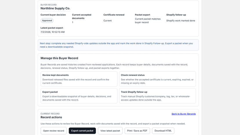 Buyer record with documents, packet, and follow-up