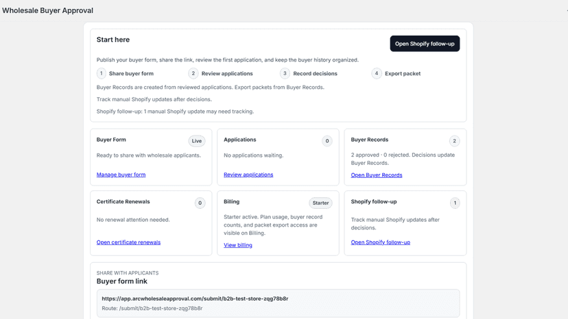 Wholesale approval dashboard with buyer form and records