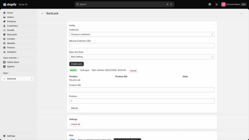 Active collection Lock with Base Sort Rule and Pin controls