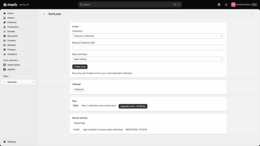 SortLock dashboard with Lock creation, plan, and activity