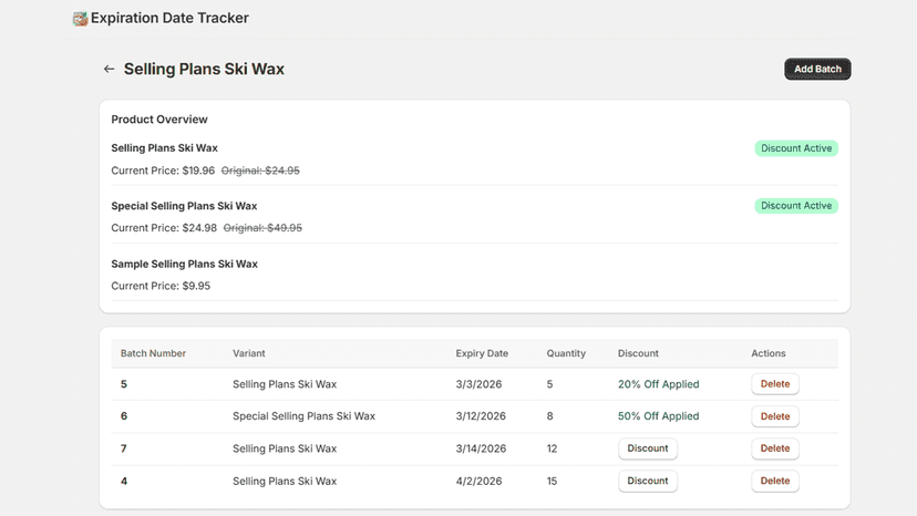 View and manage inventory batches, expiry dates, and discounts