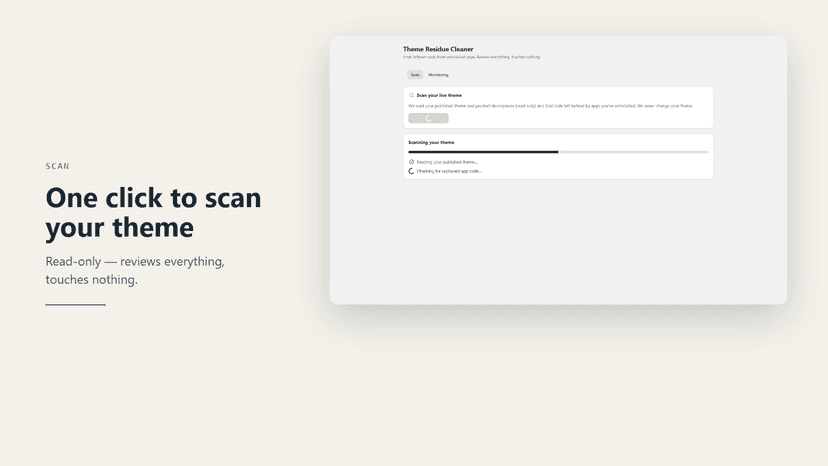 One click to scan your theme . Read-only — reviews everything,