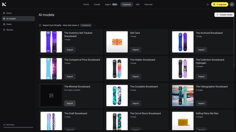 Kive AI models page showing imported products from Shopify
