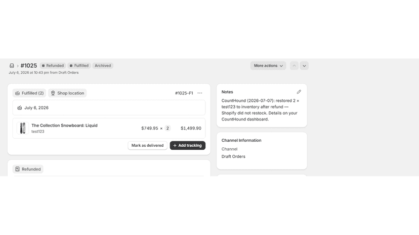 CountHound note on a Shopify order after a refund