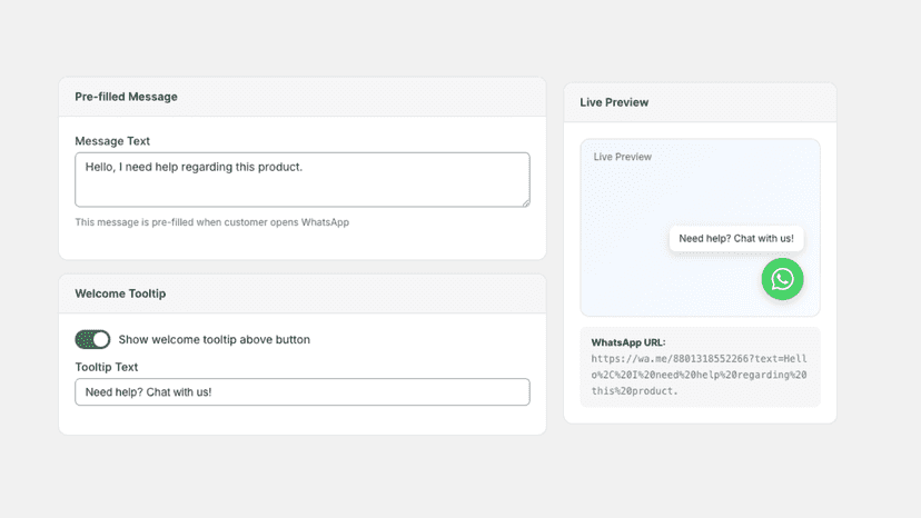 WhatsApp Button Config - Custom Text & Tooltip