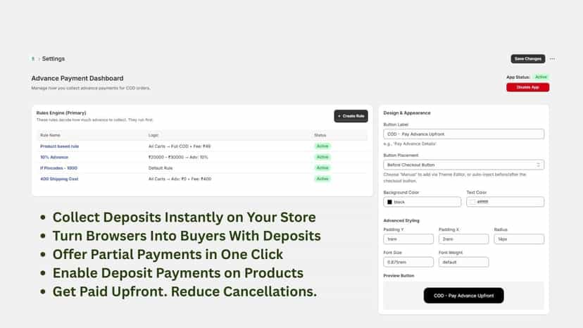 App Features Advanced COD, Paritial Payment, Deposits