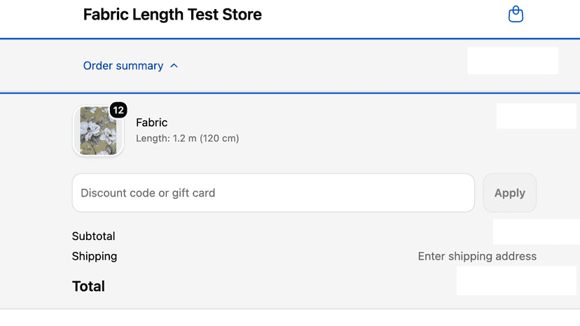 Fabric length and calculated total shown at checkout