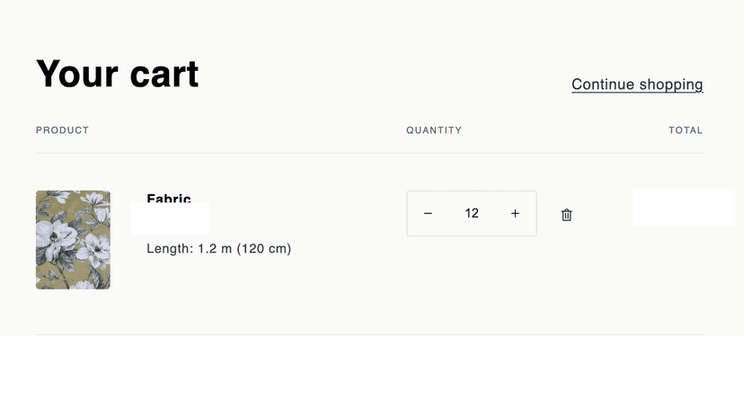 Selected continuous fabric length displayed in the cart