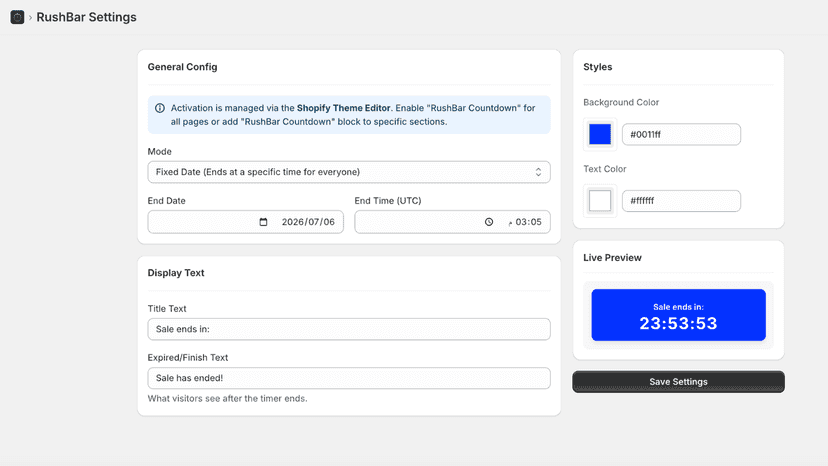 A vibrant blue countdown bar at the top of a Shopify store drivi