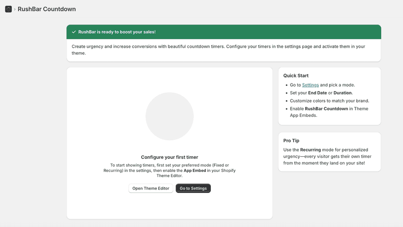RushBar Countdown user-friendly dashboard showing customizable s