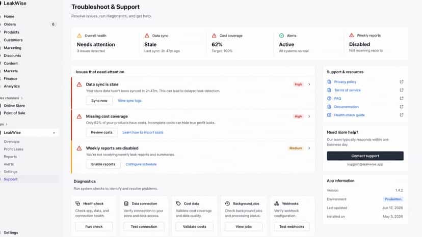 Support dashboard with health checks and diagnostics