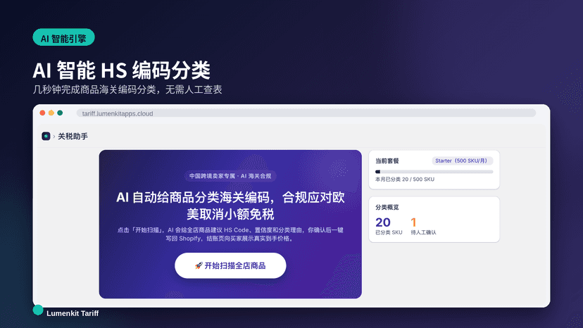 Lumenkit Tariff dashboard for AI HS code scanning