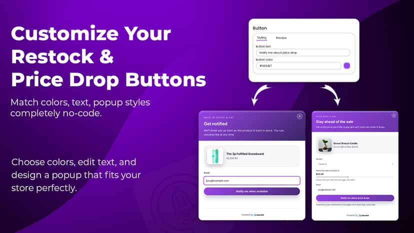 Customization screen for restock and sale alert buttons and popu