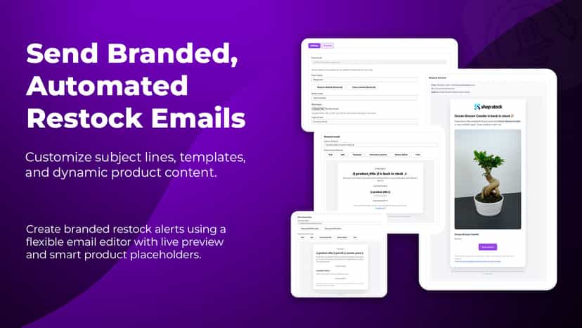 Interface showing tools to customize and preview restock emails