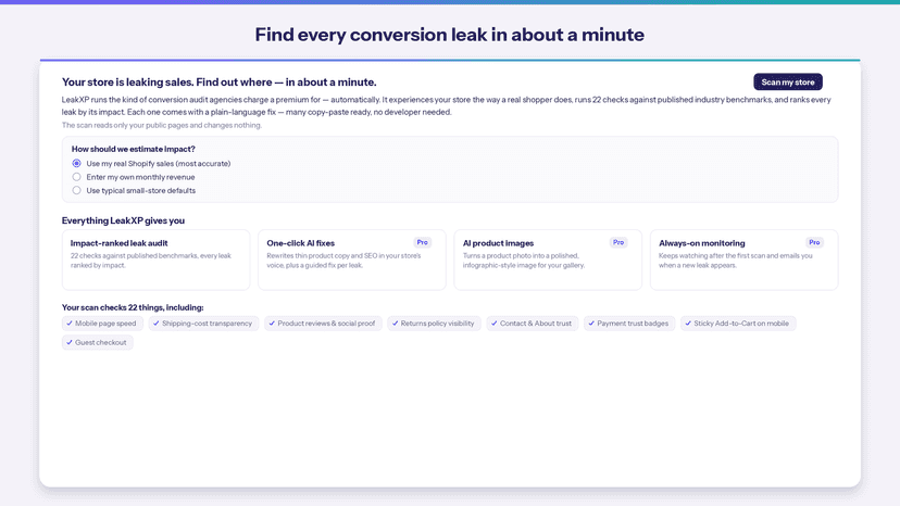LeakXP welcome screen with a features overview