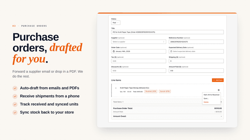 Purchase order with line items and supplier details