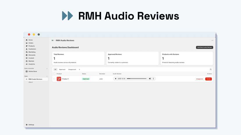 Dashboard showing one audio review with management options
