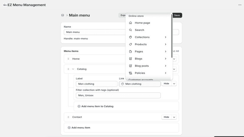 Menu dropdown selection